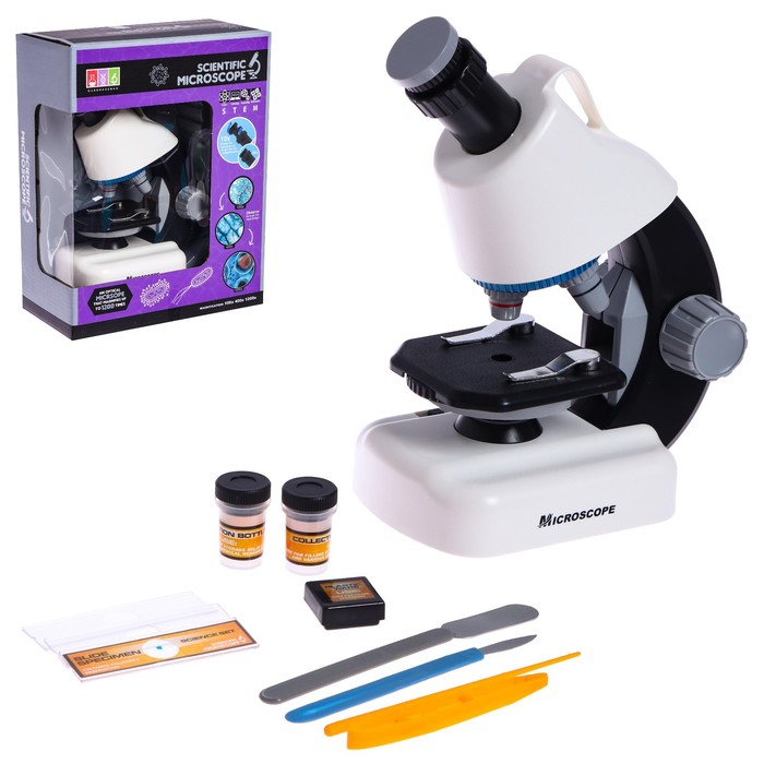 Микроскоп детский «Юный ученый» кратность х100, х400, х1200, подсветка, цвет белый микроскоп юный биолог кратность до х1200 белый подсветка