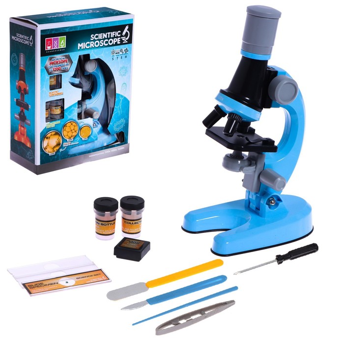 цена Микроскоп детский «Юный ботаник» кратность х100, х400, х1200, голубой, подсветка