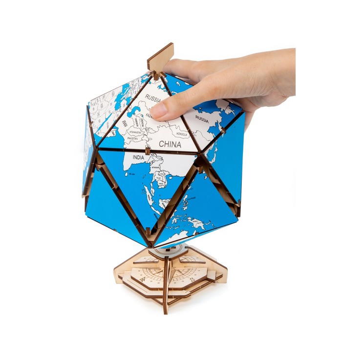 цена Конструктор деревянный 3D EWA Глобус Икосаэдр с секретом (шкатулка, сейф) синий