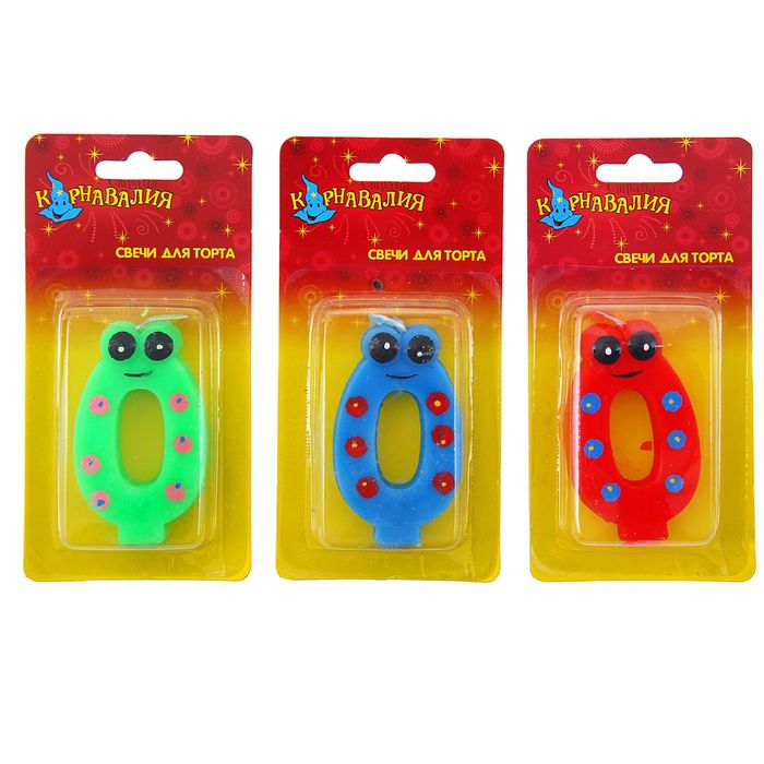 Свеча восковая для торта "Глазки и кружочки" цифра 0, цвета МИКС