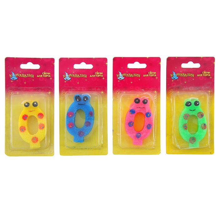 Свеча восковая для торта с блестками "Глазки и ягодки" цифра 0, цвета МИКС