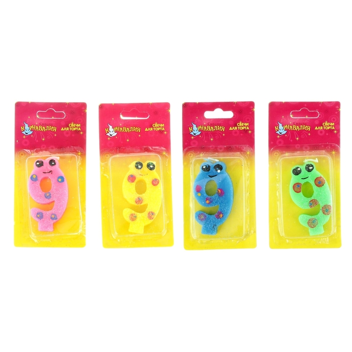 Свеча восковая для торта с блестками "Глазки и ягодки" цифра 9, цвета МИКС