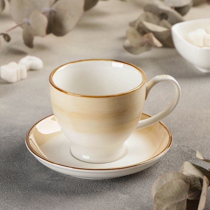 Чайная пара керамическая «Гелакси», 2 предмета: чашка 200 мл, блюдце d=13 см, цвет бежевый чайная пара керамическая с ложкой улун чашка 280 мл блюдце d 13 см цвет красный