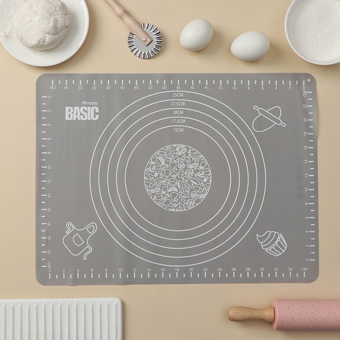 Коврик кулинарный силиконовый со шкалой Basic, 40×30 см, цвет серый