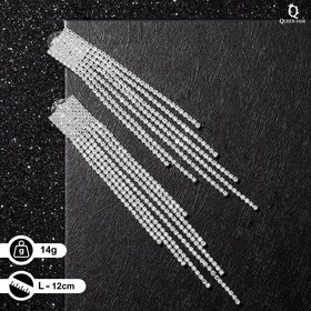 Серьги висячие со стразами «Водопад» на прямоугольнике, цвет белый в серебре, 12см