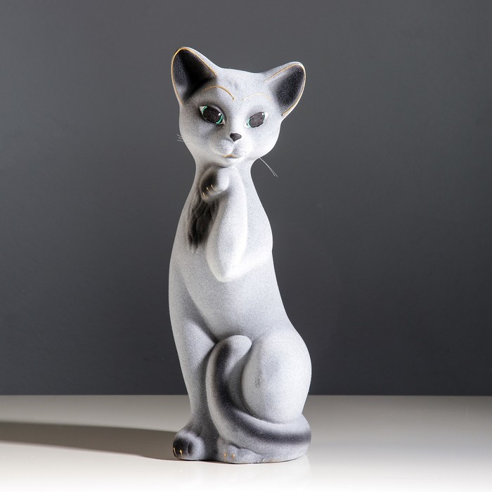 Копилка "Кошка Алиса" средняя, флок, серо-коричневая