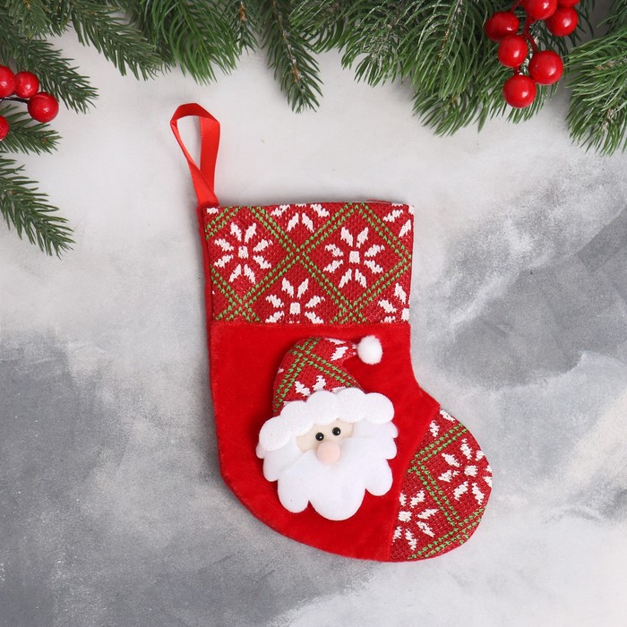 Носок для подарков Дед Мороз в колпаке 13х17 см, красный носок для подарков снегопад 18 26 см дед мороз 3544088