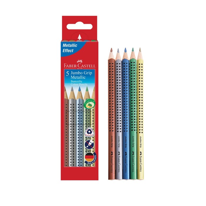 

Карандаши цветные Faber-Castell Jumbo Grip Metallic 5 цветов, трехгранные, утолщённые, заточенные, в картонной коробке с европодвесом