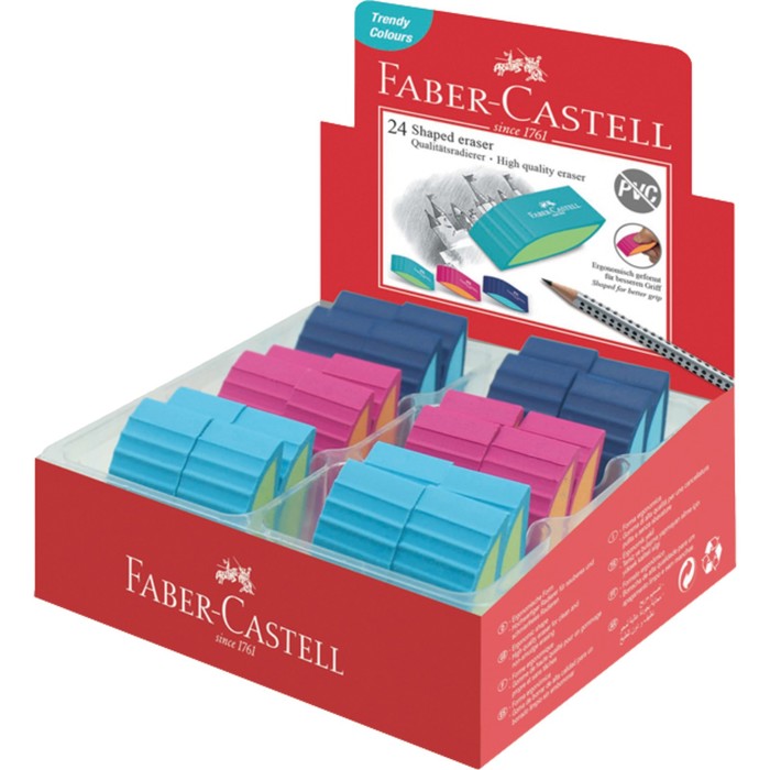Ластик Faber-Castell PVC-free, розово-оранжевый, бирюзово-зелёный, сине-голубой, 50 х 22 х 13 мм ластик faber castell oval pvc free овальный 60 х 30 х 10мм пластиковый держатель черный белый