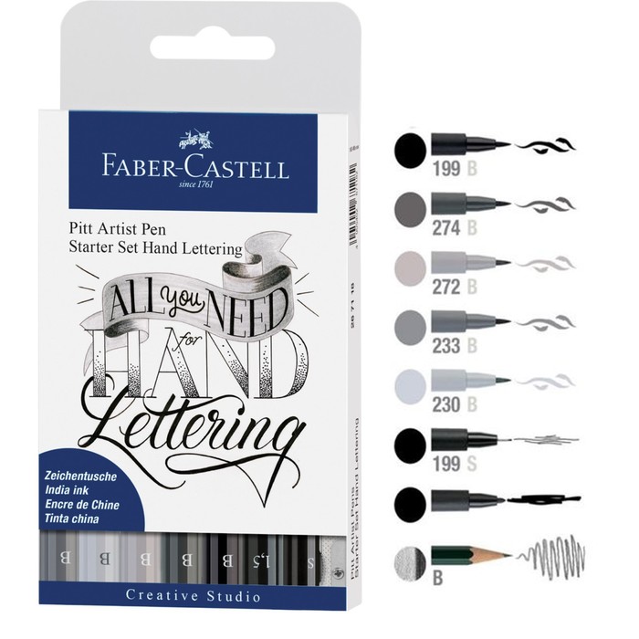 фото Набор капиллярных ручек faber-castell pitt artist pen lettering оттенки серого 7шт.+каранд+точ 752