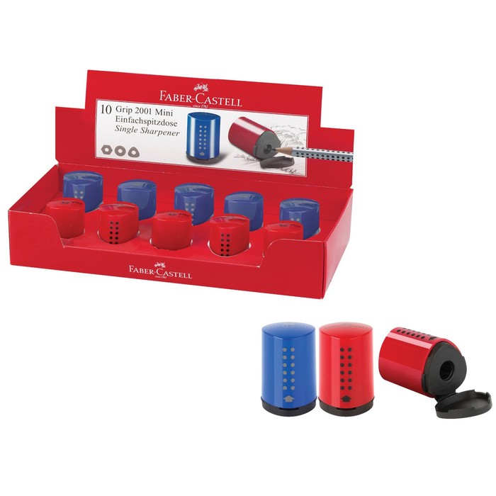 фото Точилка пластиковая faber-castell grip 2001 mini, 1 отверстие, контейнер, красно-синяя