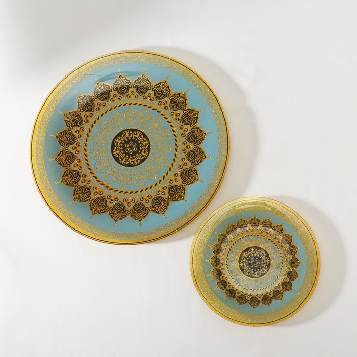 Набор столовый «Мехенди», 7 предметов (30 см - 1 шт, 18 см - 6 шт), цвет голубой с золотым