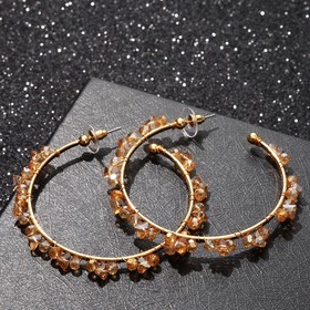 Серьги-кольца 'Природа' кристаллы бусинки, d=6 см, цвет коричнево-бежевый в золоте Ош