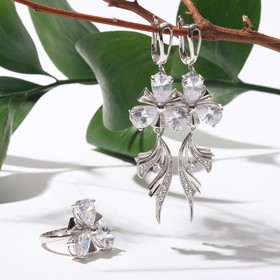 

Гарнитур посеребрение 2 пр-та: серьги, кольцо "Фианит" цветы и ленты, цвет белый, 17 размер