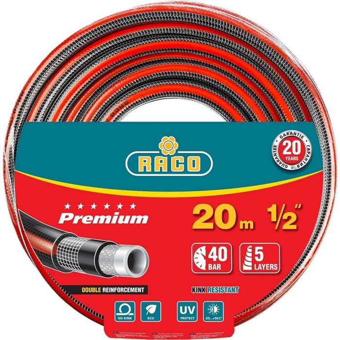 

Шланг, ПВХ, d = 12 мм (1/2"), L = 20 м, 40 атм., 5-слойный, армированный, RACO PREMIUM