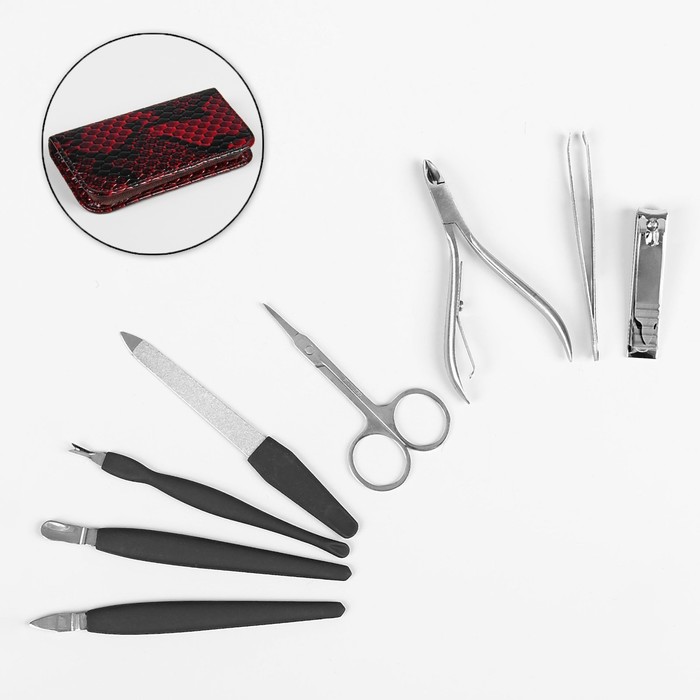 Набор маникюрный в футляре, 8 предметов, цвет чёрно-красный