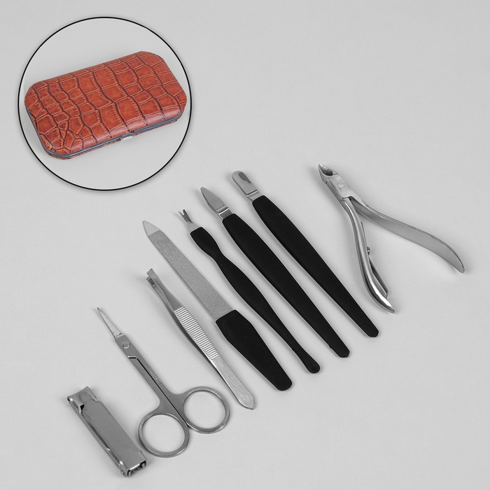 Набор маникюрный в футляре, 8 предметов, цвет коричневый