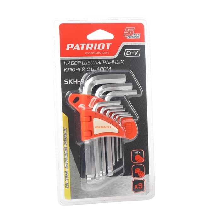 цена Набор ключей PATRIOT SKH-9, шестигранные с шаром,1.5-10 мм, CRV, 9 шт.