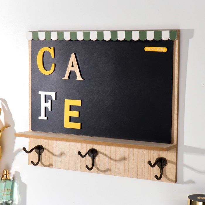 фото Крючки декоративные дерево+меловая доска "cafe" 34х40х7 см