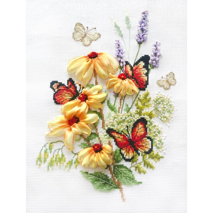 Набор для вышивки лентами и счетным крестом «Эхинацея и бабочки», 18×25 см