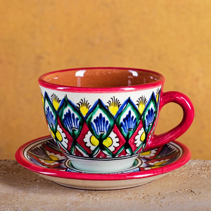 Чайная пара Риштанская Керамика Цветы, 250 мл, красная чайная пара семикаракорская керамика гостеприимная