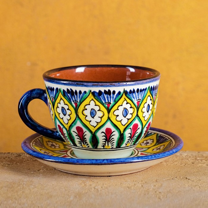Чайная пара Риштанская Керамика Цветы, 200мл, синяя