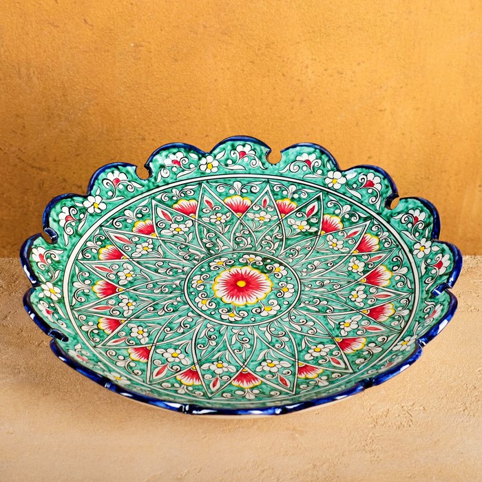 Ляган Риштанская Керамика Цветы, 32 см, зелёный, рифлёный