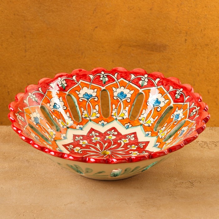 Фруктовница Риштанская Керамика Цветы, 28 см, красная