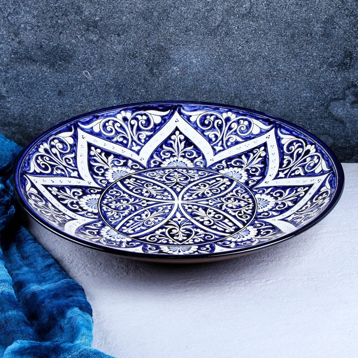Ляган Риштанская Керамика Цветы, 42 см, синий ляган риштанская керамика цветы 42 см овальный рифлёный