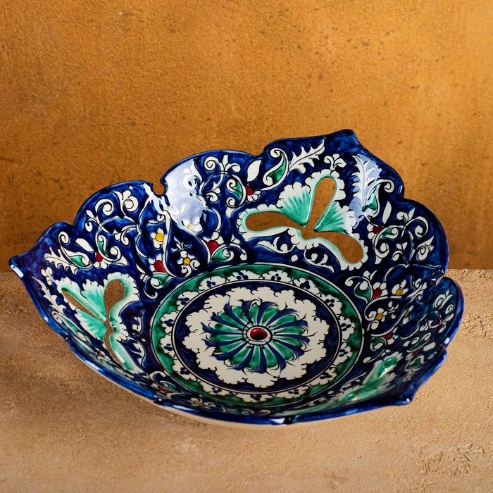 Фруктовница Риштанская Керамика Узоры, 25 см, синяя