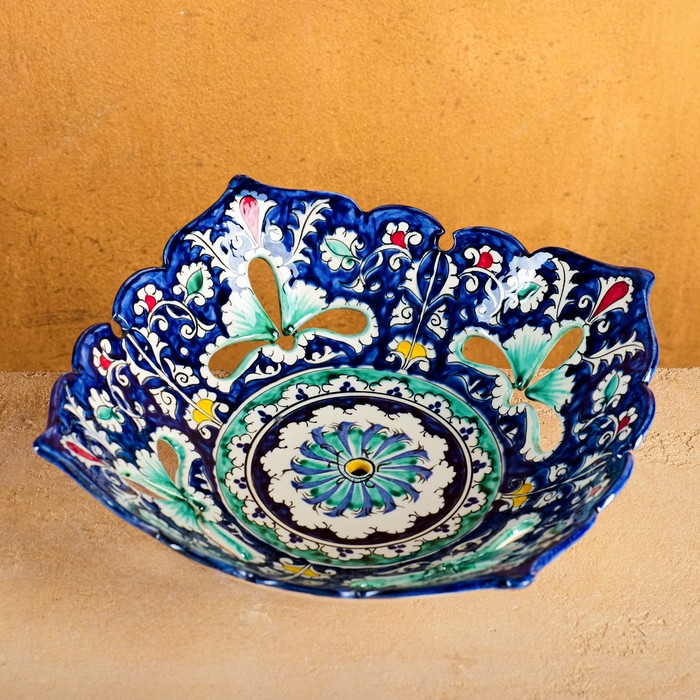 Фруктовница Риштанская Керамика Узоры, 25 см, синяя фруктовница риштанская керамика узоры 23 см синяя
