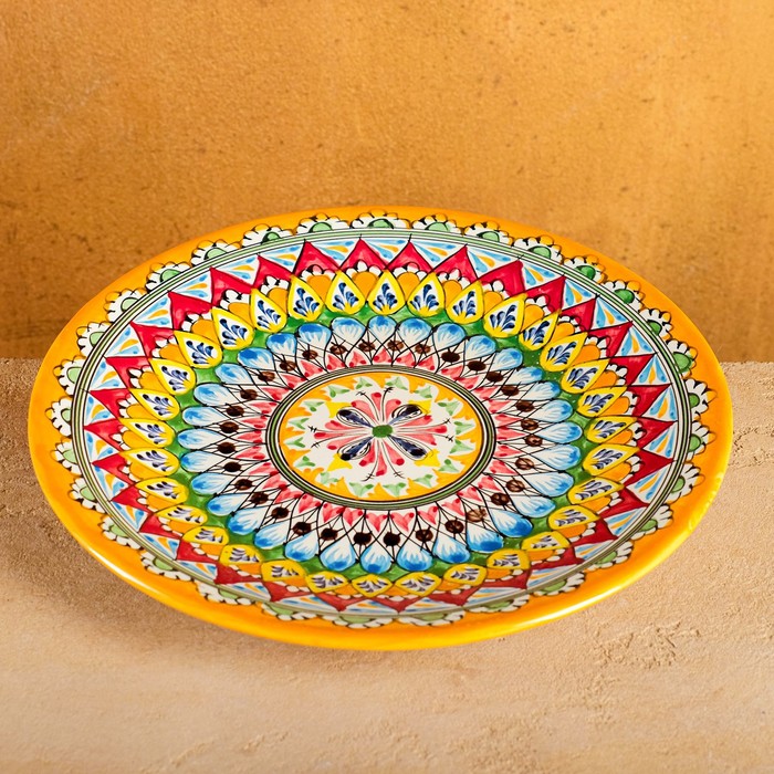 Тарелка Риштанская Керамика Узоры, жёлтая, плоская, 28 см тарелка риштанская керамика узоры 28 см разноцветная микс