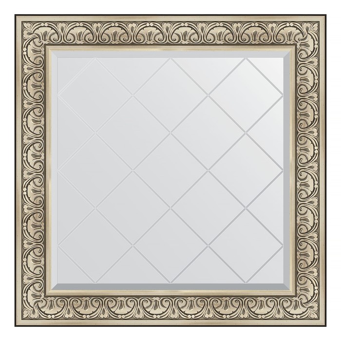 Зеркало с гравировкой в багетной раме, барокко серебро 106 мм, 90x90 см зеркало с гравировкой в багетной раме барокко серебро 106 мм 90x90 см