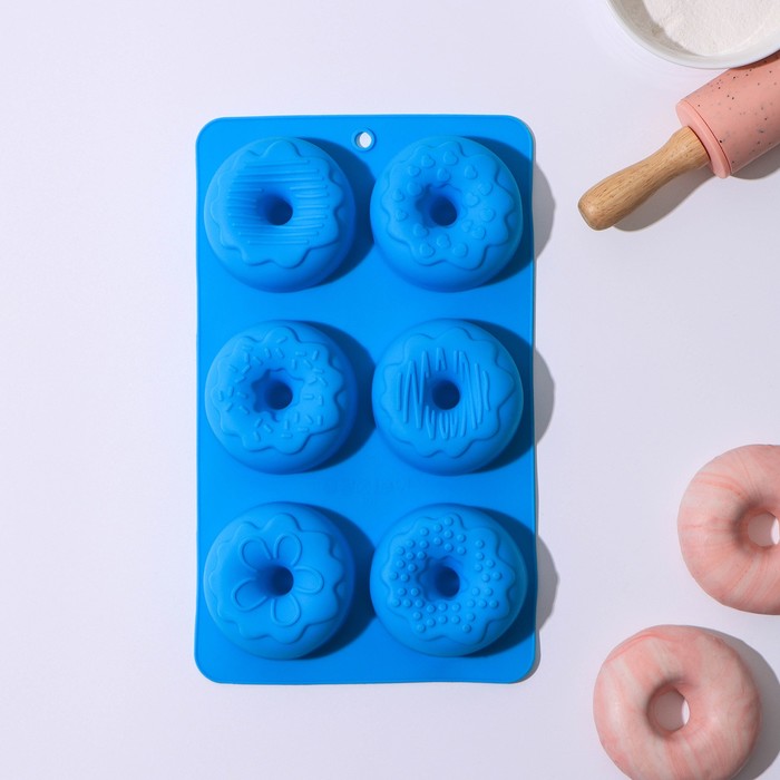 Форма для выпечки Доляна «Сладости. Пончики в глазури», силикон, 27,2×16,4×3,2 см, 6 ячеек, цвет МИКС