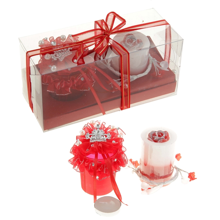 Свечи восковые (набор 2 шт + подсвечник + декор) "Самая прекрасная", цвет красно-белый