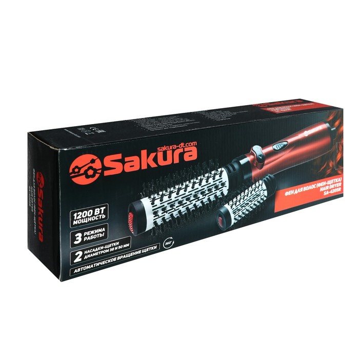 Фен-щетка Sakura SA-4205R, 1200 Вт, 3 режима работы, 2 насадки, защита от перегрева, красная