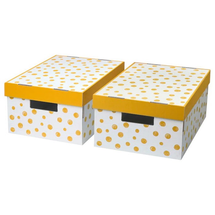 фото Набор коробок с крышкой пингла, рисунок точечный/оранжевый, 28x37x18 см, 2 шт ikea