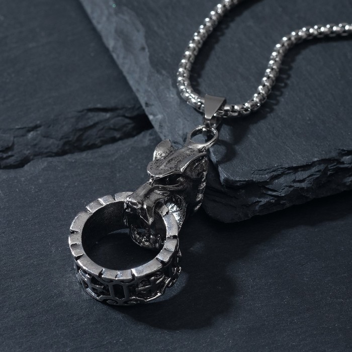Кулон "Волк" кольцо, цвет чернёное серебро, 70см