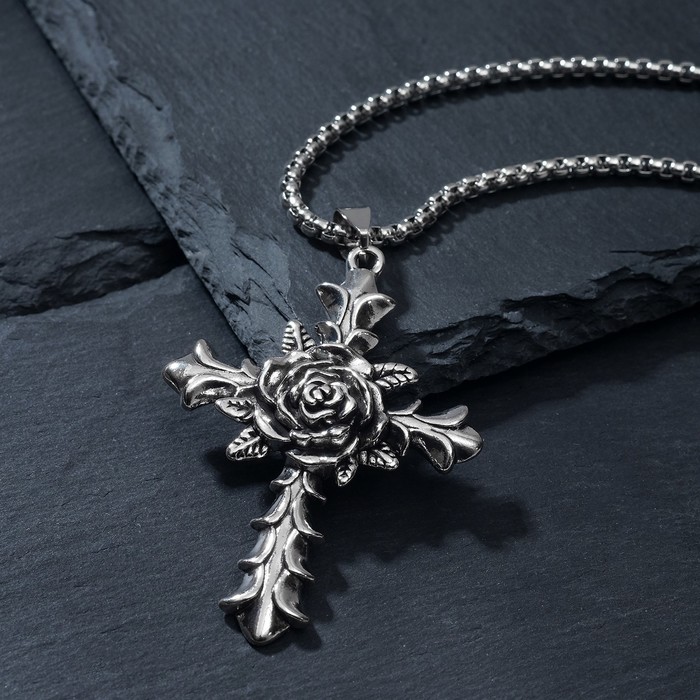 Кулон «Роза в кресте» розенкрейцерский орден, цвет чернёное серебро, 70 см