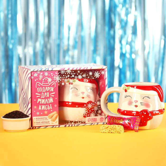 фото Подарочный набор «для милой кисы»: чай чёрный "тропические фрукты" 20 г., конфеты мультизлаковые , кружка 650 мл. фабрика счастья