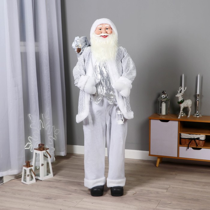Дед Мороз В белой шубе ромбик блеск, с фонариком и подарками 45х150 см