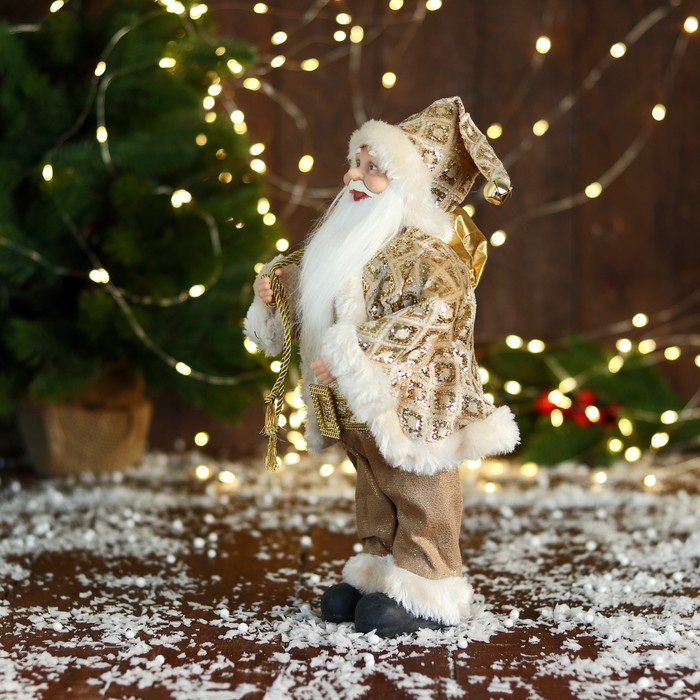 дед мороз в пушистой шубе колпачке с подарком 47 см бело золотой Дед Мороз В золотой шубе, с ремешком, и подарками 30х16 см