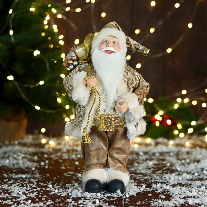 Дед Мороз "В золотой шубе, с ремешком, с посохом и подарками" 16х30 см