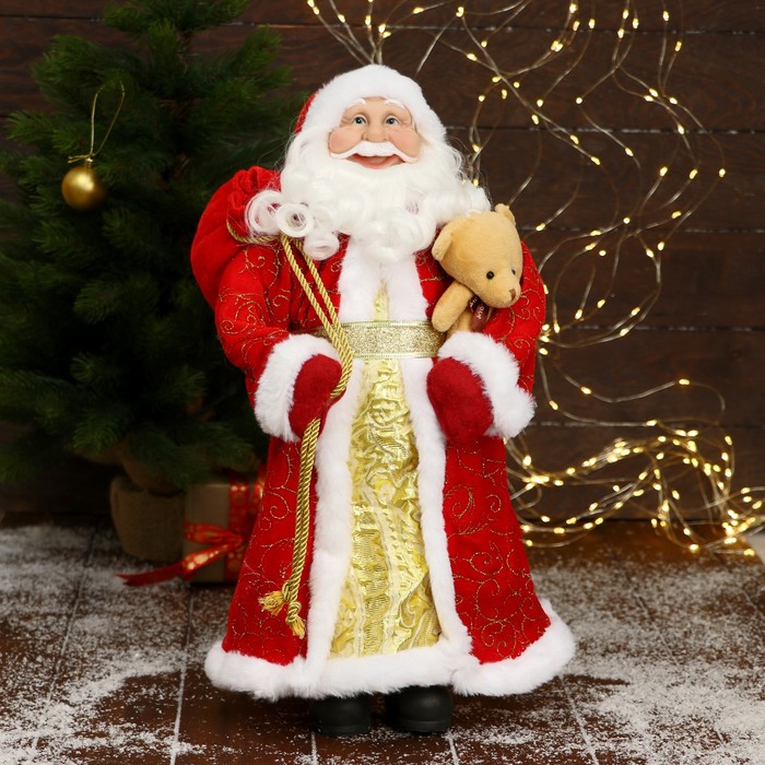 Дед Мороз В красной подпоясанной шубе, с подарками 45х23 см