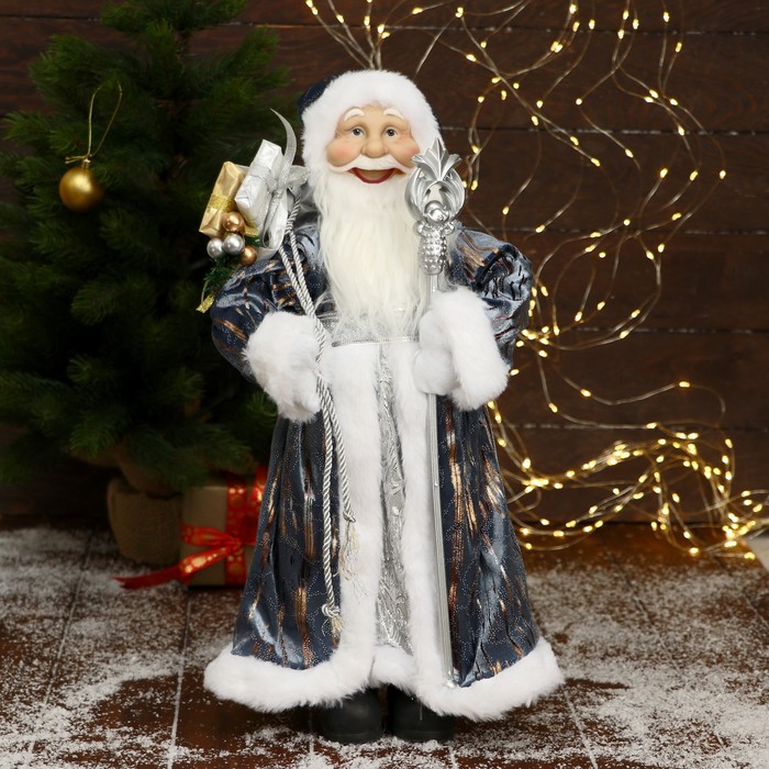 Дед Мороз В серо-синей шубе, с посохом и подарками 45х23 см