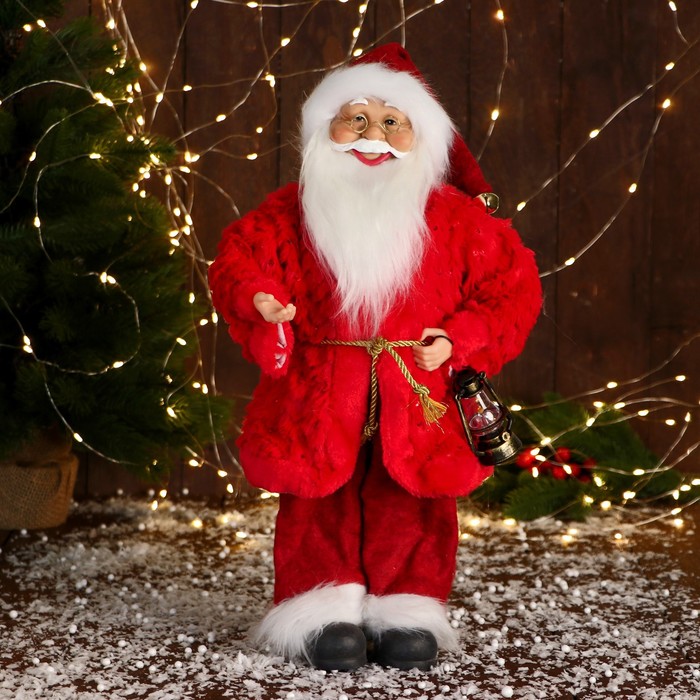 Дед Мороз В красной шубе с пояском, с фонариком 25х45 см