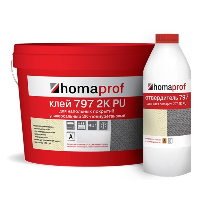 Клей Homakoll 797 PU 2К-полиуретановый для напольных покрытий, 800-1000 гр/м2, 14 кг (12,174кг+1,826