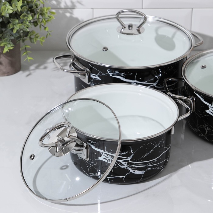 фото Набор кастрюль «черный мрамор-1-элит», 3 предмета: 1,9 л, 2,5 л, 3,7 л, крышки, индукция, цвет чёрный керченская эмаль