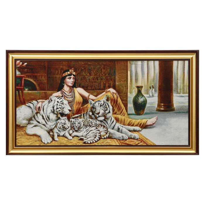 E023-40х80 Картина из гобелена "Девушка и семейство белых тигров" (47х87)