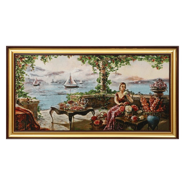 E070-40х80 Картина из гобелена "Девушка на балконе у моря" (48х87)
